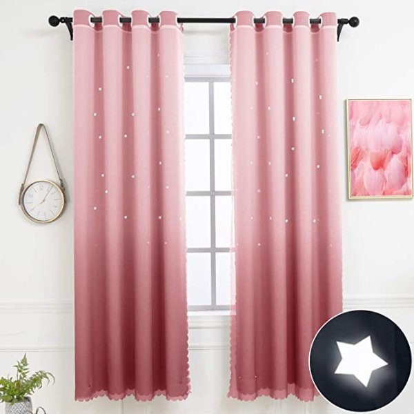 Hughapy Star Curtains Ombre Curtain for Kids Girls Bedroom - Tulle Overlay Star Cut Out Curtains Mix and Match Curtains for Living Room, Room Darkening Window Curtains, 1 Panel - (52W x 95L, Pink)