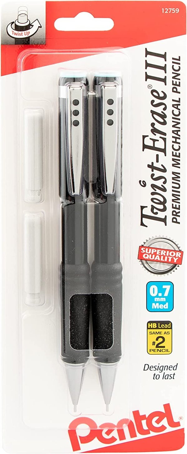 ® Twist-Erase® III Mechanical Pencils, 0.7mm, Assorted Barrel Colors, Pack Of 2 Pencils