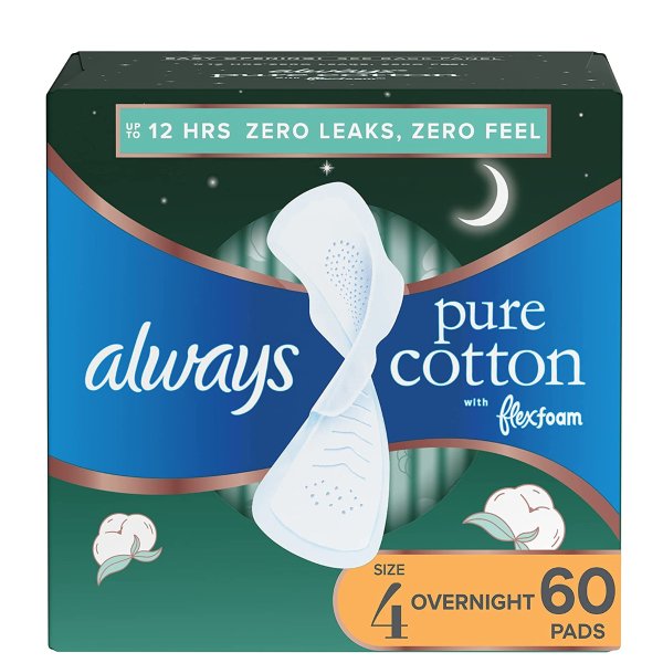Pure Cotton, Feminine Pads for Women, Size 4 Overnight Absorbency