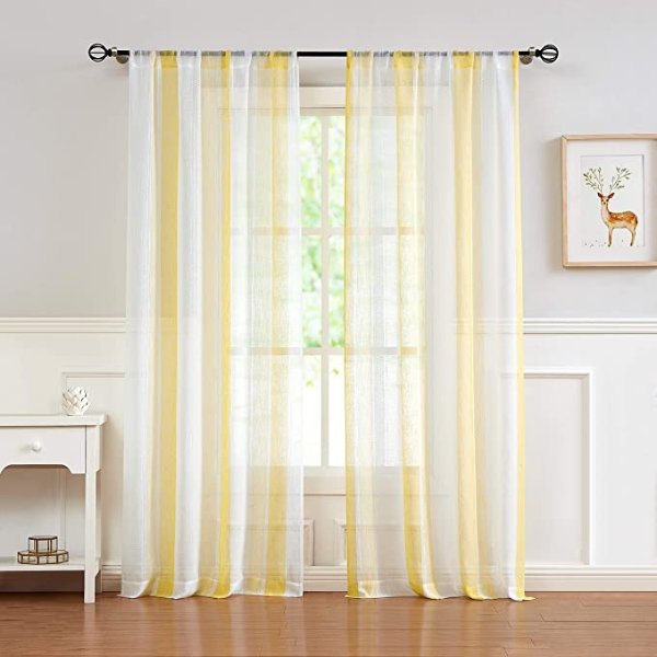 Central Park Sheer Yellow and White Stripe Farmhouse Curtains Boucle Linen Window Curtain Panel Pairs Yarn Dyed Woven 108 Inches Long for Living Room Bedroom 2 Pack Rod Pocket Rustic Living Panels
