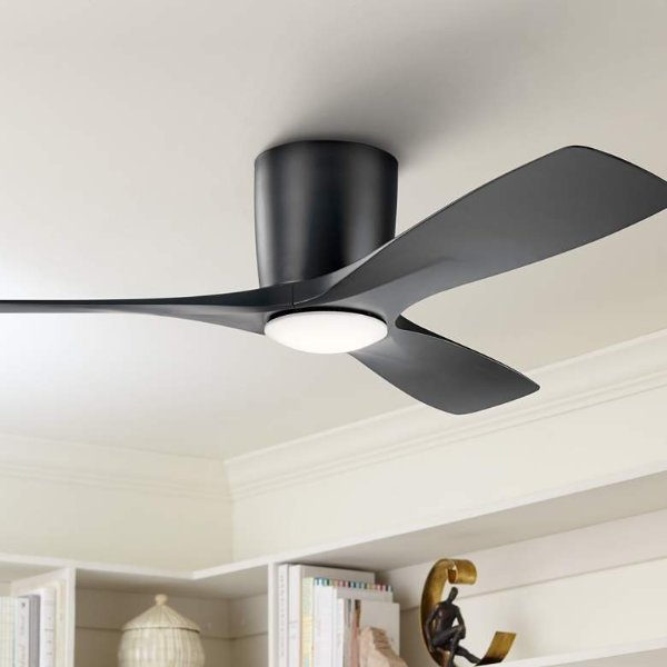 48" Kichler Volos Satin Black Hugger LED Ceiling Fan with Wall Control - #83G85 | Lamps Plus