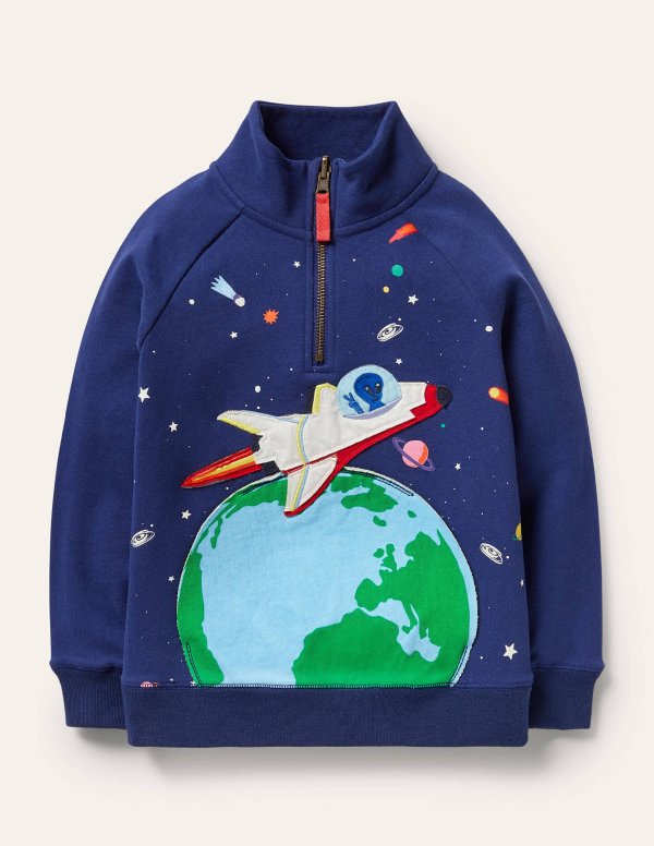 Cosy Applique Half-zip Sweater - Starboard Blue Space | Boden US