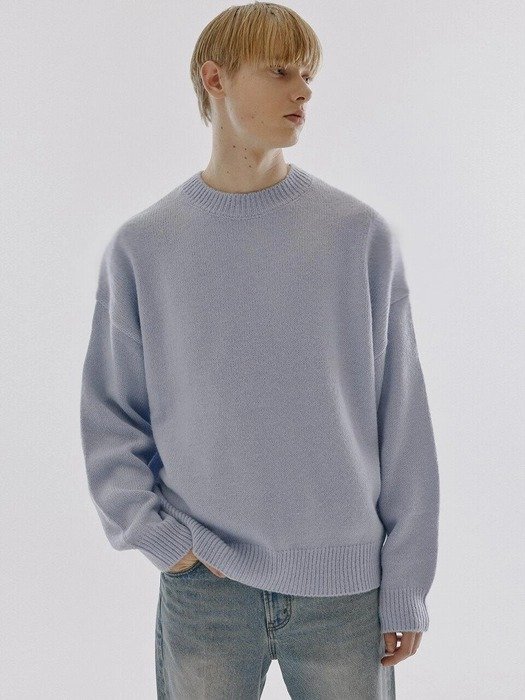 Unisex Fuzzy Mock-neck Wool Sweater_Baby Blue