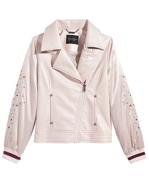Big Girls Embroidered Faux-Leather Moto Jacket