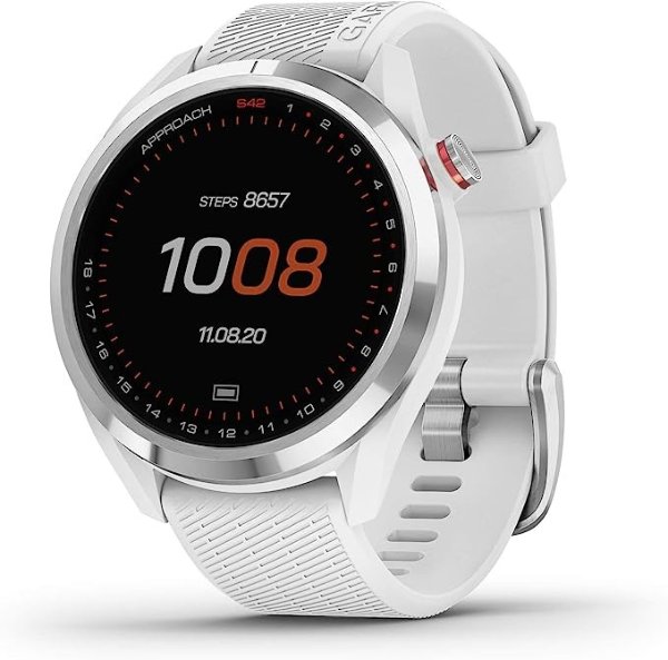 Approach S42, GPS Golf Smartwatch, Lightweight with 1.2" Touchscreen, 42k+ Preloaded Courses, Silver Ceramic Bezel and White Silicone Band, 010-02572-11