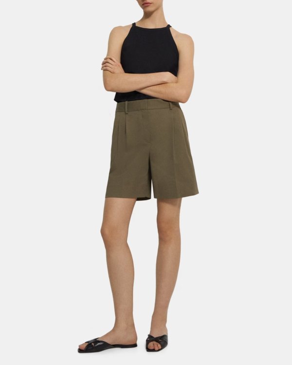 Beige Stretch Cotton Twill Pleated Short | Theory Outlet