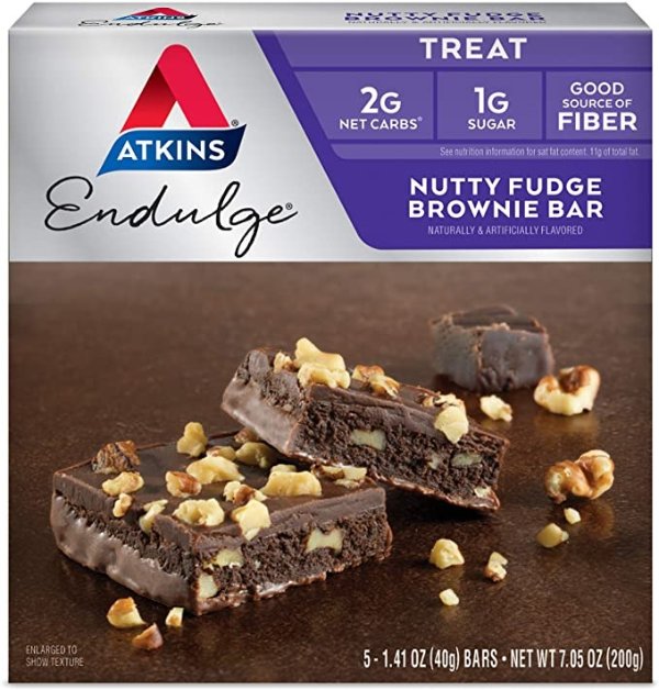 Endulge Treat Nutty Fudge Brownie Bar. Decadent Brownie Treat with Chocolatey Coating and Walnuts. Keto-Friendly. (5 Bars)