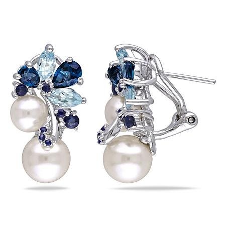 6-8.5 mm White Round Freshwater Cultured Pearl with 3.03 CT. Blue Topaz and Sapphire Cluster Earrings in Sterling Silver - Sam's Club
