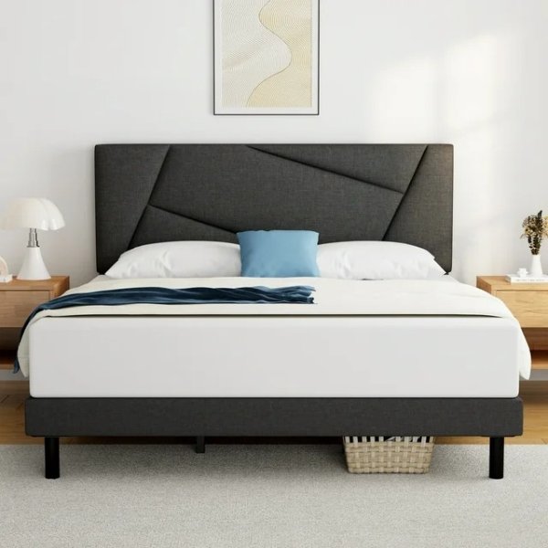 HAIIDE Queen Size Platform Bed Frame with Fabric Upholstered Headboard