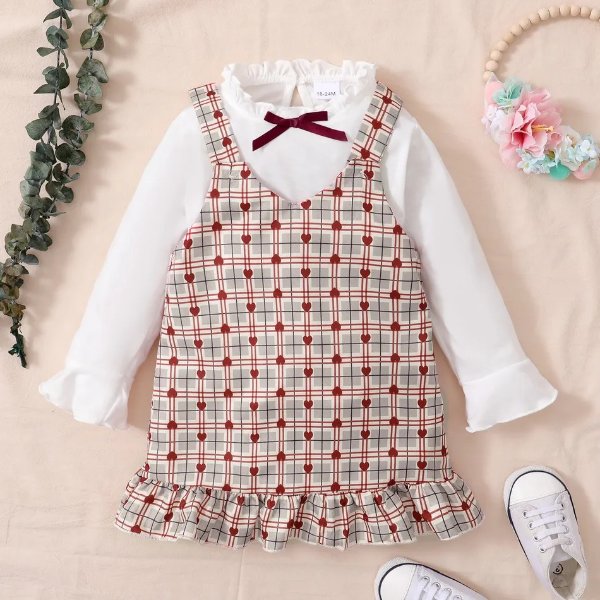 2-piece Toddler Girl Frill Collar Bowknot Design Long-sleeve White Blouse and Heart Print Plaid Ruffle Hem Overall Dress Set