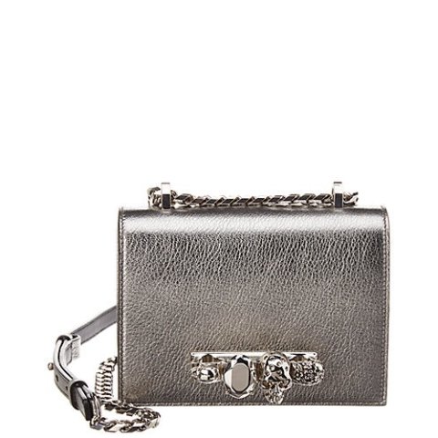 Skull Jeweled Small Metallic Leather Satchel