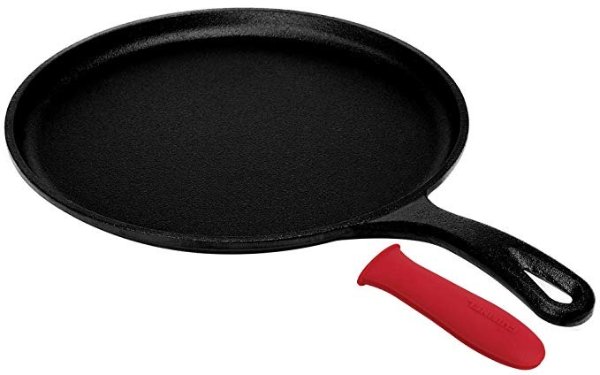 Cast Iron Round Griddle – 10.5” Pan - Pre-Seasoned Skillet with Silicone Handle Grip – Grill, Oven, Stove Top and Induction Safe