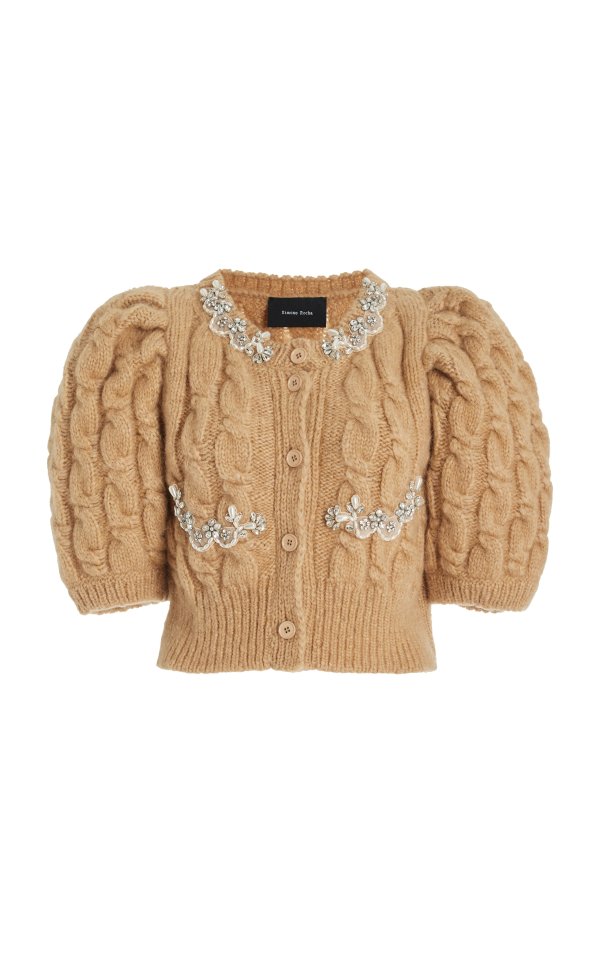 Puff-Sleeve Embellished Cable-Knit Wool-Blend Cropped Cardigan