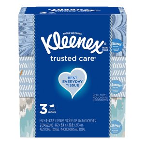 Kleenex Trusted Care Everyday Facial Tissues, 3 Rectangular Boxes, 144 Tissues per Box