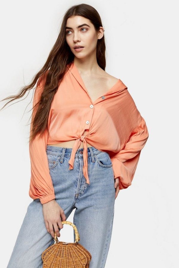 Coral Satin Tie Front Shirt
