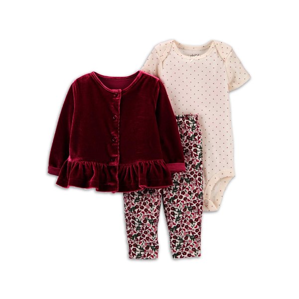 Baby Girl Cardigan, Bodysuit,& Pant Outfit, 3pc set