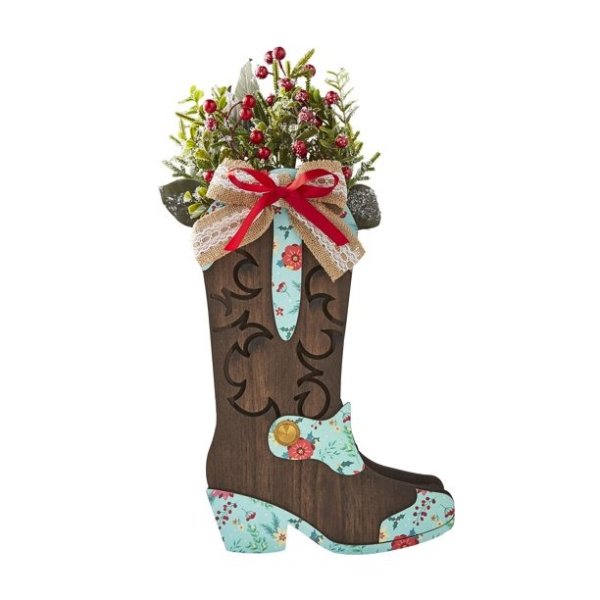 Blue Floral Wooden Tabletop Christmas Decorative Boot