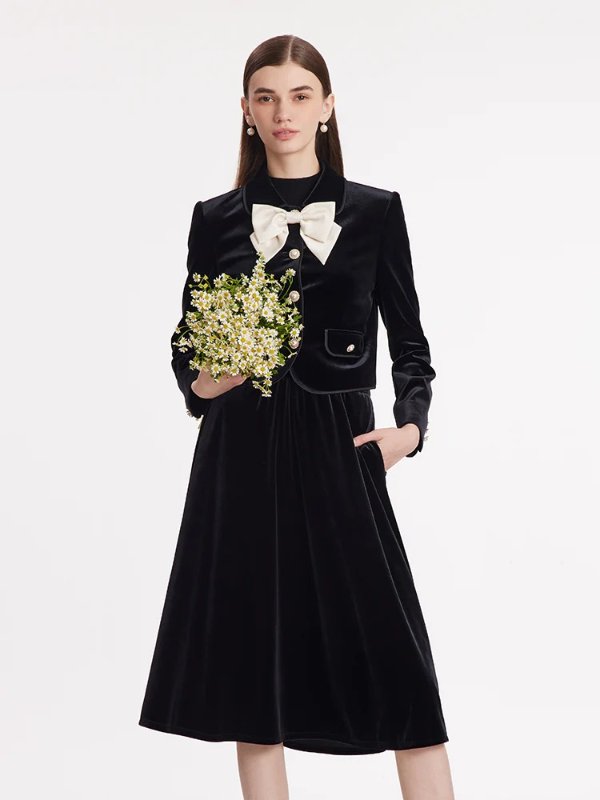 Velvet Crop Jacket And Skirt Two-Piece Suit With Detachable Bowknot
