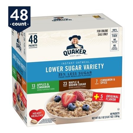 Quaker Instant Oatmeal, Lower Sugar Variety Pack, 48 Packets