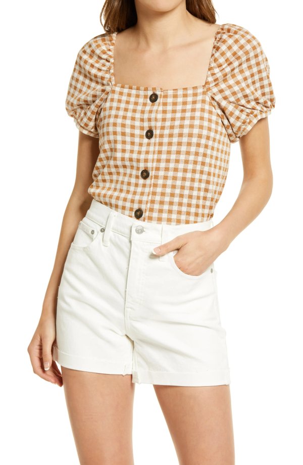 Women's Gingham Jacquard Square Neck Puff Sleeve Top