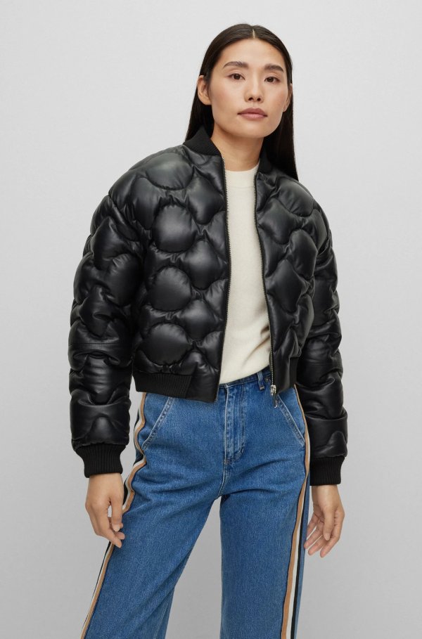 Down-filled leather jacket with knitted trims