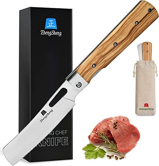 Folding Chef Knife 4.8” Ultra Sharp 440A Stainless Steel Blade Natural Olive Handle Pocket Foldable Japanese Style Kitchen Knife for Outdoor Camping BBQ trip Cooking