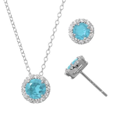 Blue Topaz & Cubic Zirconia Sterling Silver Halo Pendant Necklace & Stud Earring Set