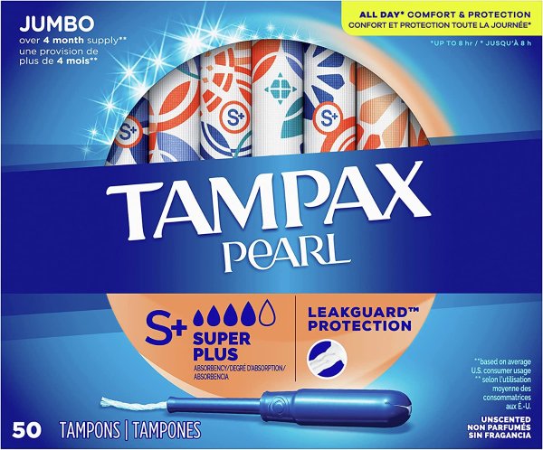 Pearl Tampons Super Plus Absorbency with BPA-Free Plastic Applicator and LeakGuard Braid, Unscented, 50 Count