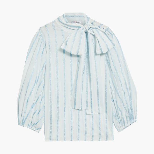 Pussy-bow metallic striped cotton-blend voile blouse