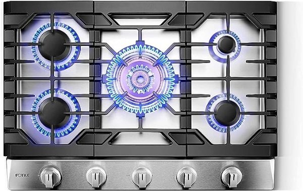 GLS30501 30” Stainless Steel 5-Burner Gas Cooktop, Tri-Ring 22,000 BTUs Center Burner with Flame Failure Protection Removable Grates and Installation/LP Kit