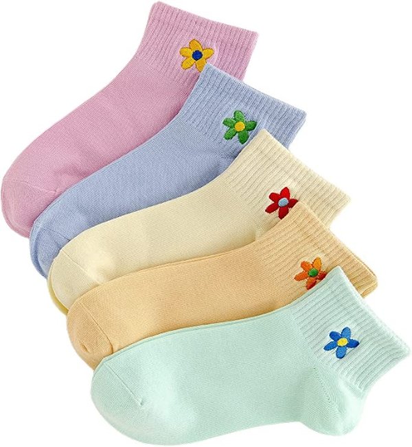 Women's 5 Pairs Flower Embroidery Toe seamed Soft Crew Socks