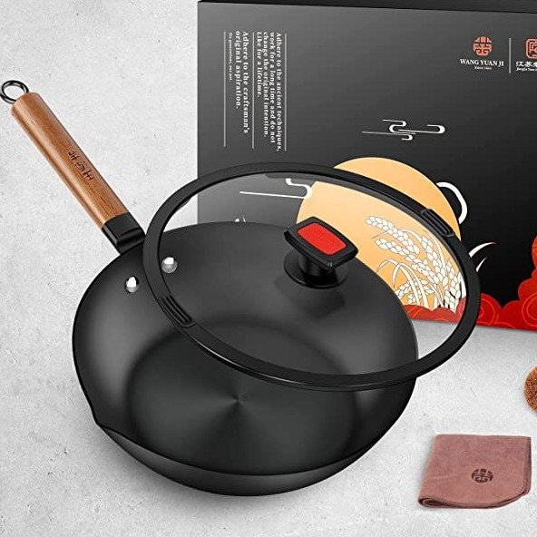 Carbon Steel Wok Pan & Frying Pan Set, 2-PACK Woks & Stir-Fry Pans Set with  Wooden Lid & Cookwares, No Chemical Coated Flat Bottom Chinese Woks Pan