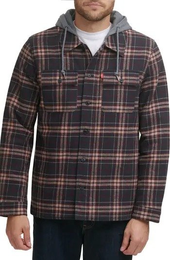 Plaid Faux Shearling Lined Jersey Hood Shirt Jacket