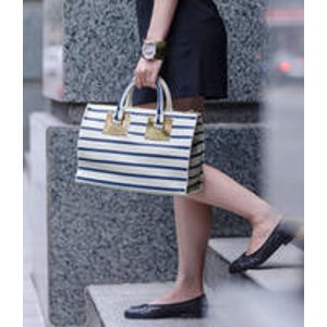 Sophie Hulme Mini Striped Zip-Top Bowling Bag, Cream/Navy