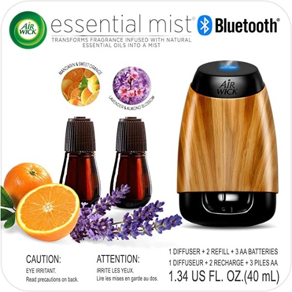 Essential Mist Bluetooth, Essential Oil Diffuser (Diffuser + 2 Refills), Lavender & Almond Blossom and Mandarin & Sweet Orange scents