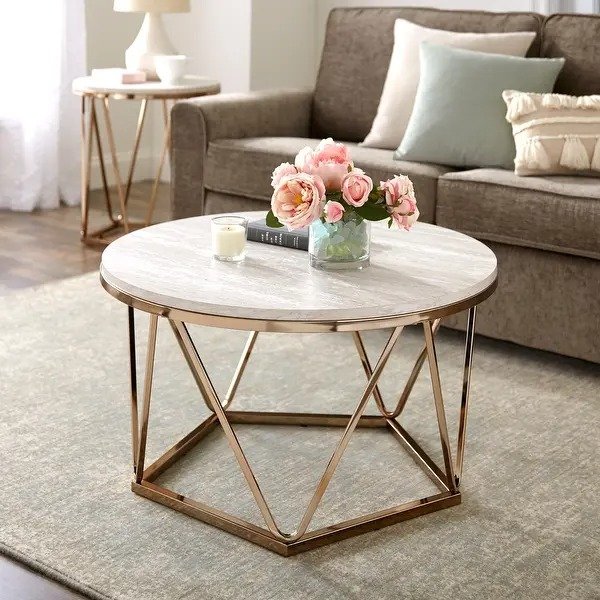 SEI Furniture Henderson Faux Stone Goldtone Round Coffee Table