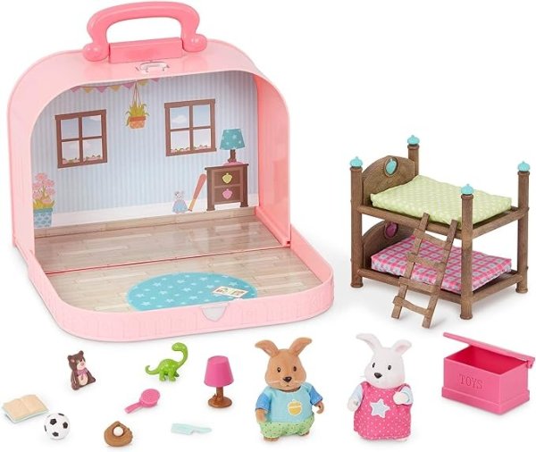 Li'l Woodzeez – Portable Dollhouse Playset with 2 Posable Figures – Playhouse Toy – Bunk Bed & Mini Bedroom Furniture & Accessories Set - Kids 3 Years +