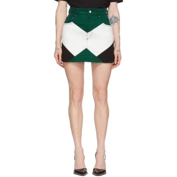 Kirin - Green & White Denim Combo Moto Miniskirt