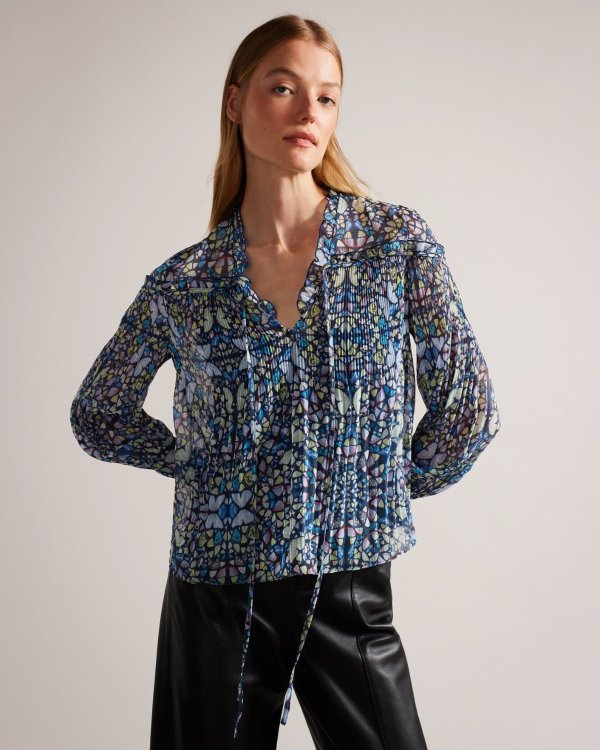 Florrei Swing Blouse With Ruffles And Neck Tie