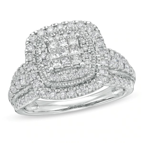1 CT. T.W. Composite Cushion-Shaped Diamond Double Frame Vintage-Style Engagement Ring in 10K White Gold|Zales