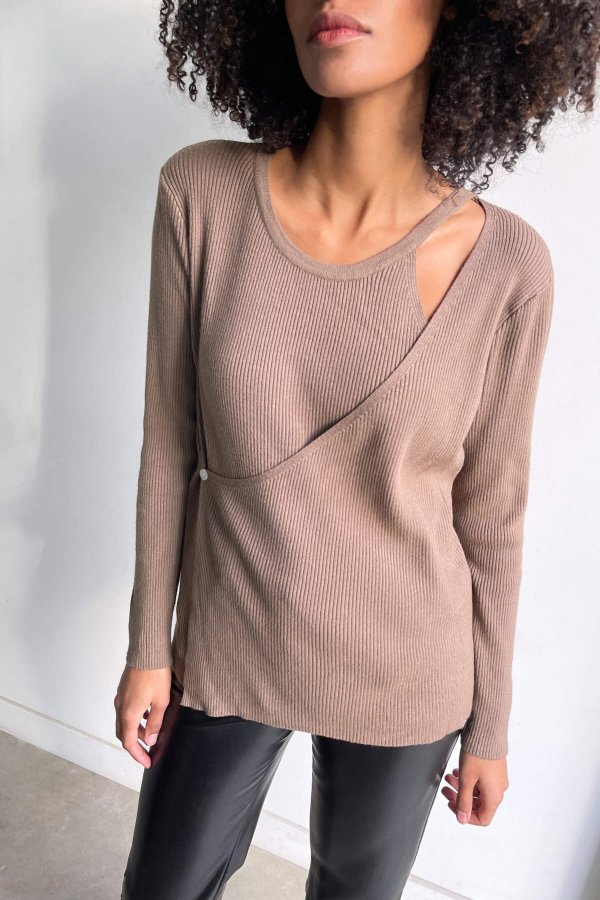 RIBBED WRAP TOP WITH CUT OUT $34 KT-9358-W Black;Brown;Cream KT-9358-W $48 $34.00
