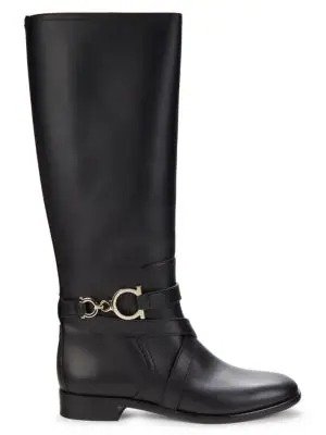 Gancini Leather Knee High Riding Boots
