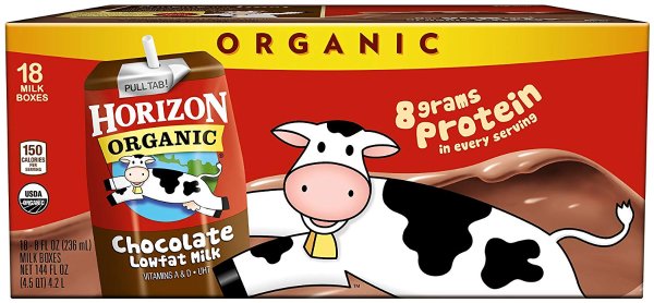 Lowfat Organic Milk Box, Chocolate, 8 Ounce (Pack of 18), Single Serve, Shelf Stable Organic Chocolate Flavored Lowfat Milk, Great for School Lunch Boxes, Snacks
