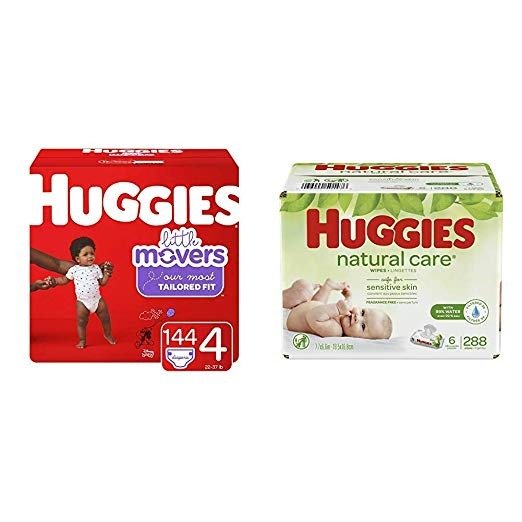 Brand Bundle –Little Movers Baby Diapers, Size 4, 144 Ct &Natural Care Unscented Baby Wipes, Sensitive, 6 Disposable Flip-Top Packs - 288 Total Wipes (Packaging May Vary)