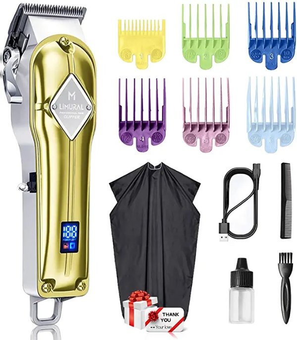Limural Hair Clippers for Men Professional - Cordless Clippers for Hair Cutting, Rechargeable Beard Trimmer Barbers Grooming Kit with LED Display & Gold Metal Casing