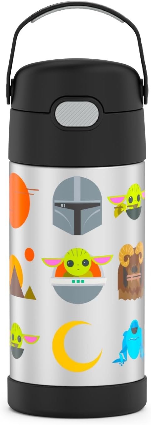 FUNTAINER 12 Ounce Stainless Steel Vacuum Insulated Kids Straw Bottle, Mandalorian