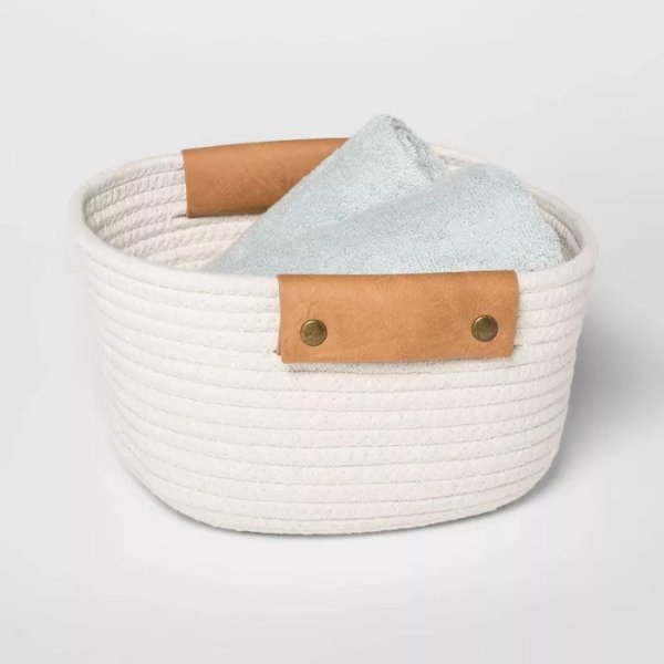 Decorative Coiled Rope Square Base Tapered Basket with Leather Handles Small White