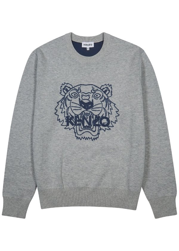 Grey tiger-intarsia wool-blend jumper