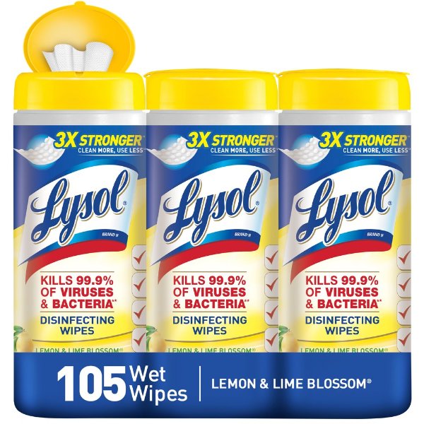 Lysol 3倍强韧消毒湿巾 柠檬香味 3盒共105 片
