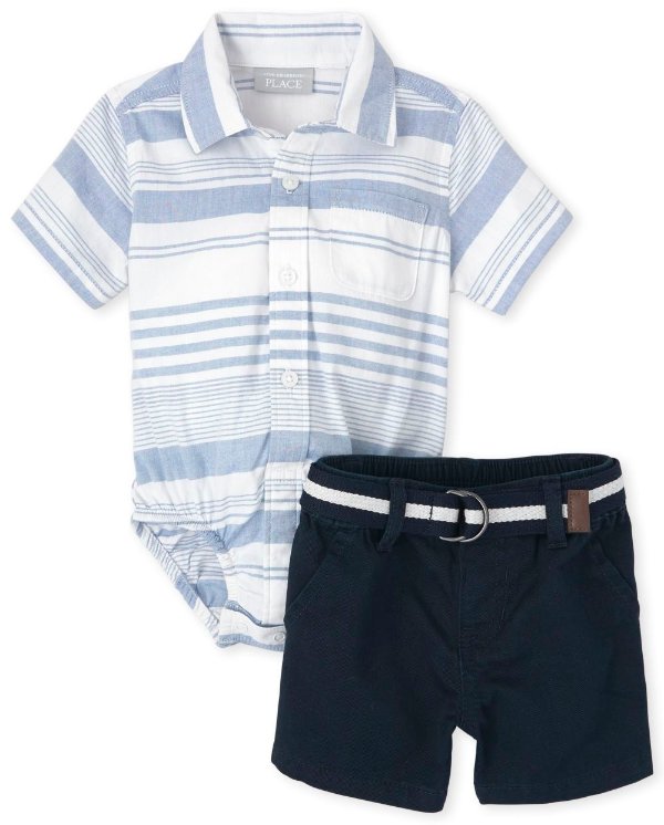 Baby Boys Matching Family Short Sleeve Striped Button Down Bodysuit and Belted Woven Chino Shorts 2-Piece Outfit Set